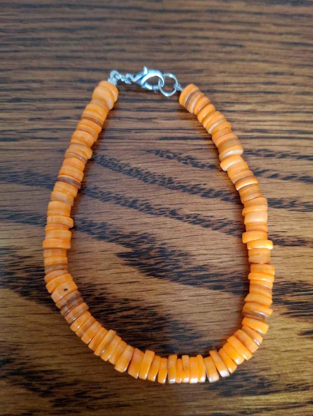 Bracelet Heishi Orange Mother Of Pearl Shell  7.5" Handmade